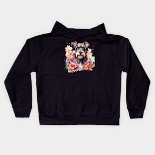 A schnauzer dog decorated with beautiful watercolor flowers Kids Hoodie